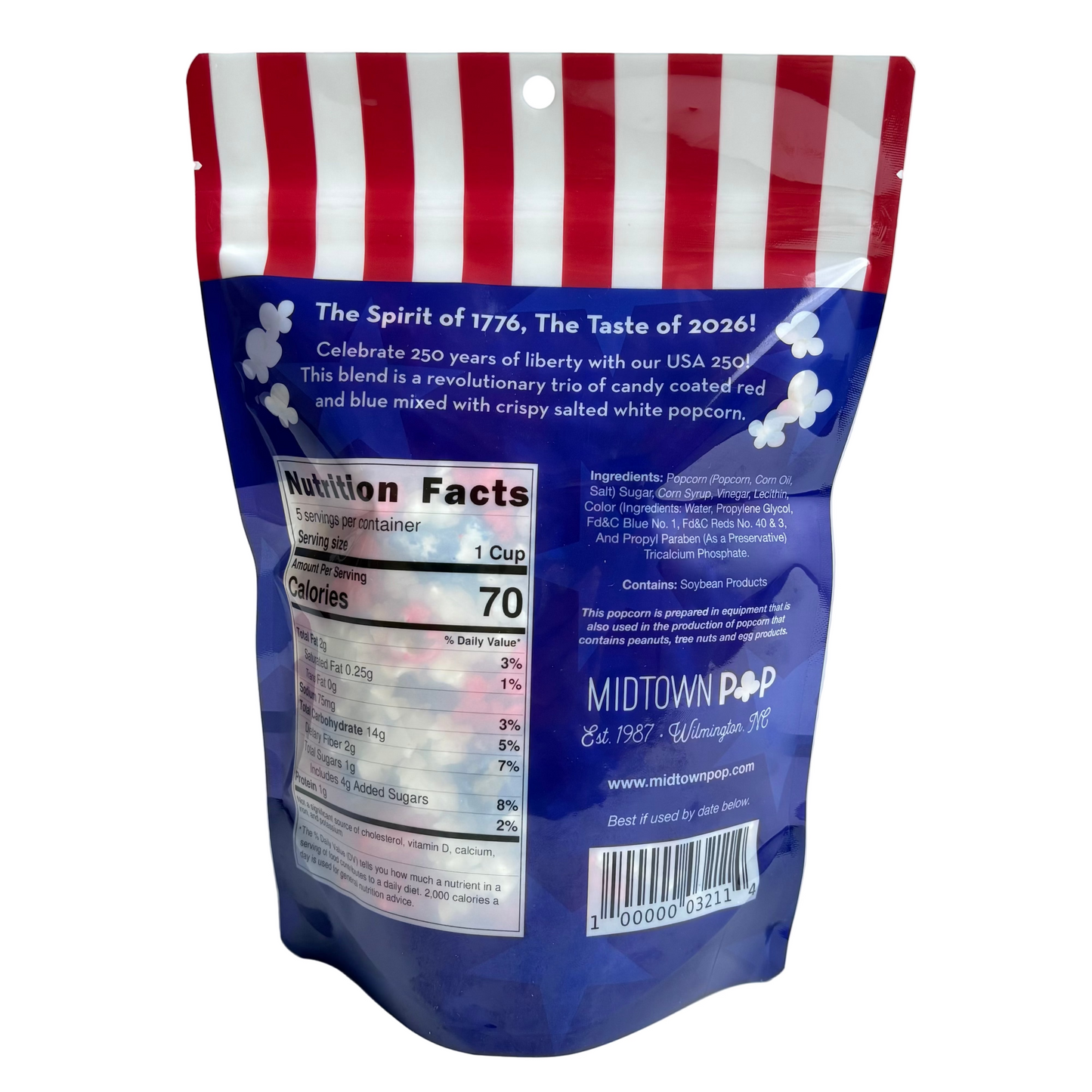 American Popcorn bag with red, white, and blue design USA 250 Patriotc America Celebration July 4th popcorn