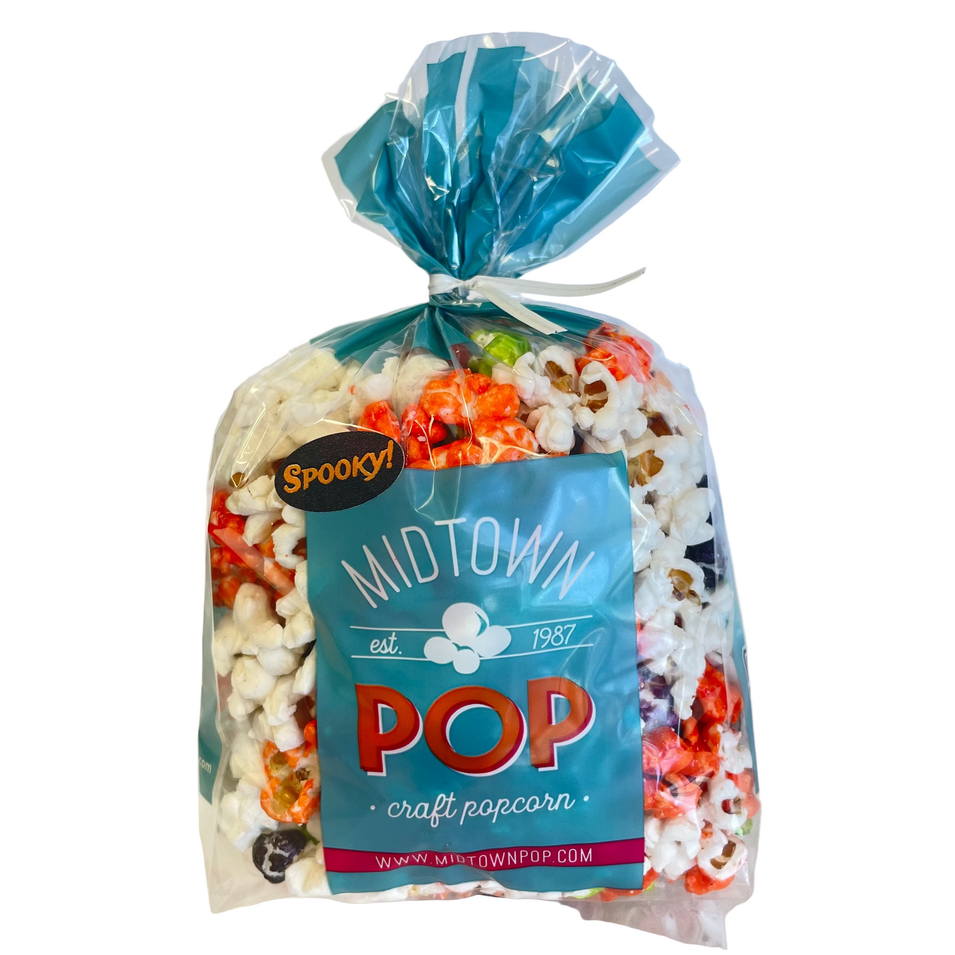 with colorful candy-coated halloween orange and black popcorn, 'Midtown Pop' 'Spooky' trick or treat