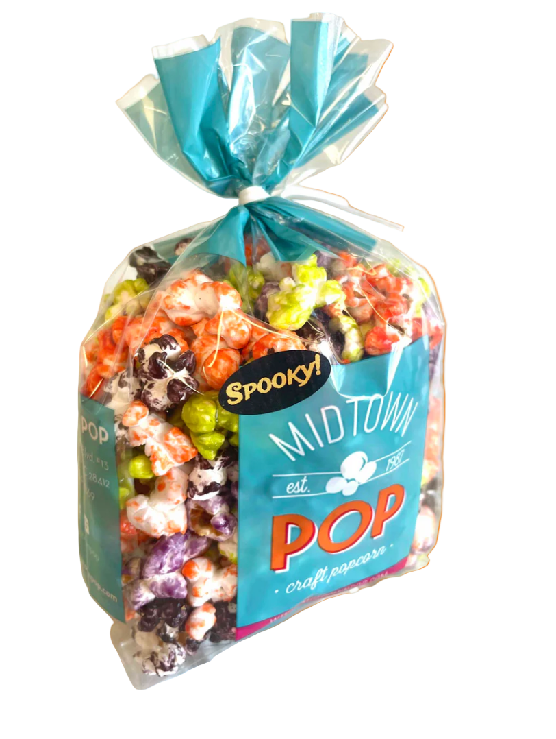 Bag of halloween popcorn with 'Spooky Midtown Pop' label trick or treat