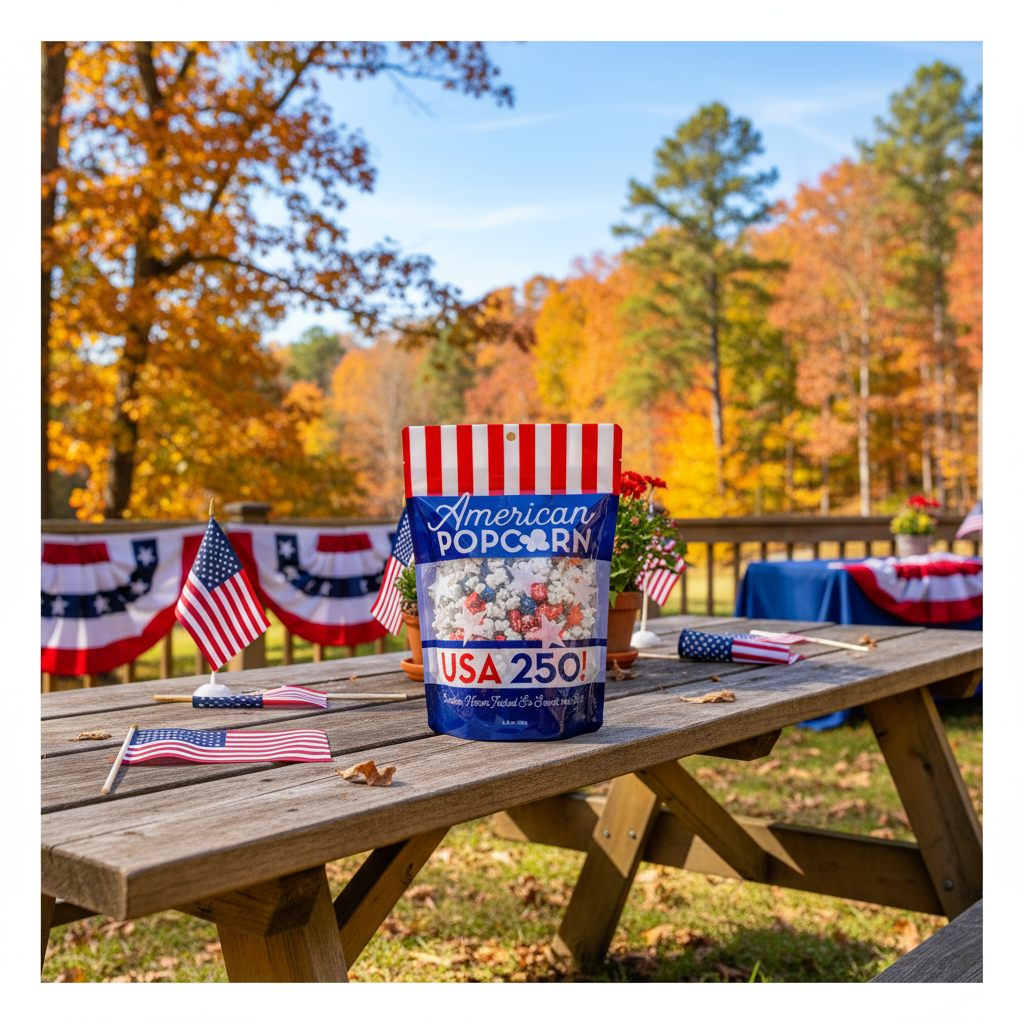 Red White Blue USA 250 Popcorn Bag on picnic table, Veterans Day Popcorn