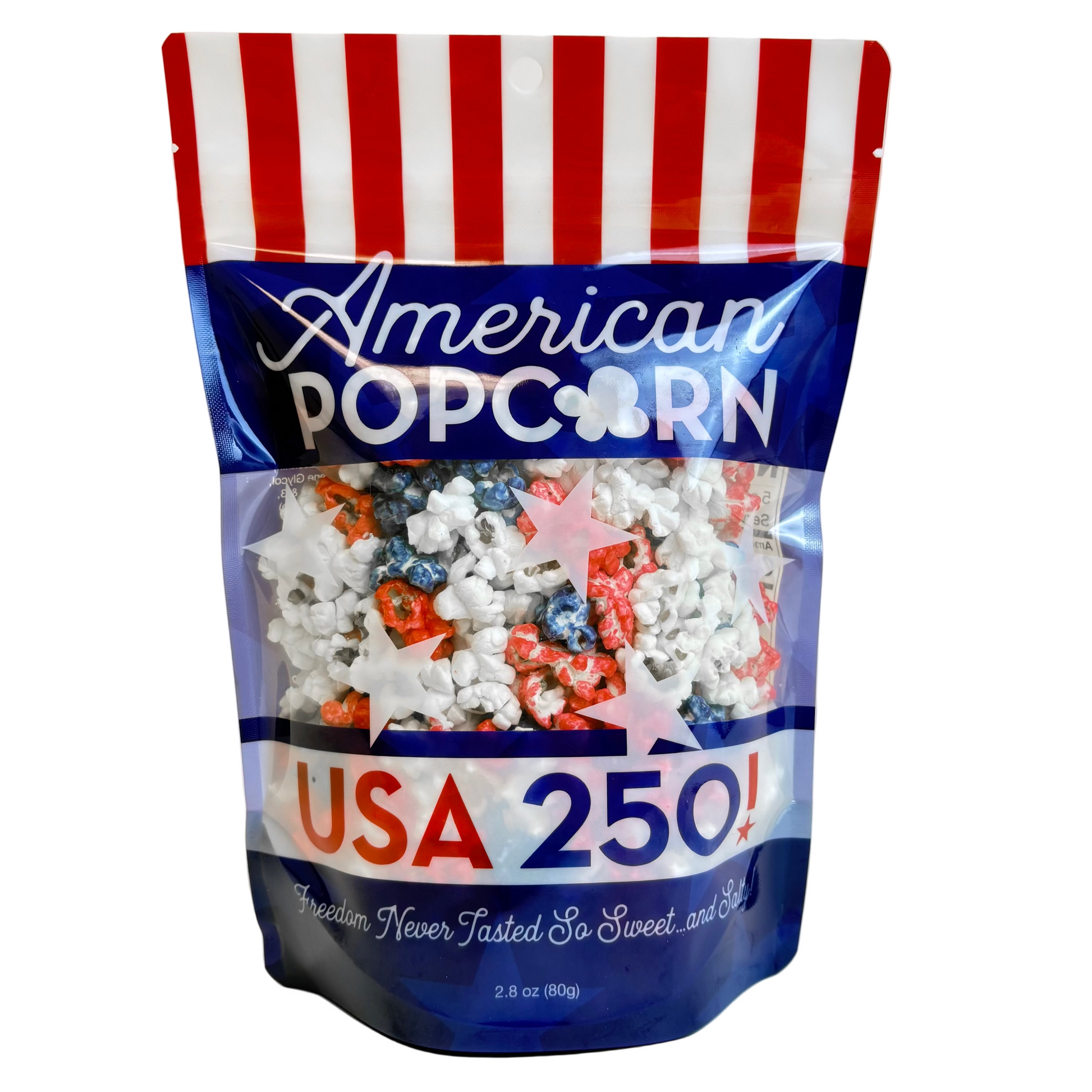 American Popcorn bag with red, white, and blue design USA 250 Patriotc America Celebration July 4th popcorn