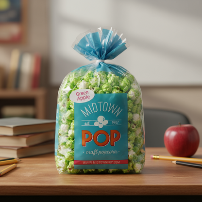 Bag of Midtown Pop green apple popcorn on a table with books and an apple in the background teacher gift
