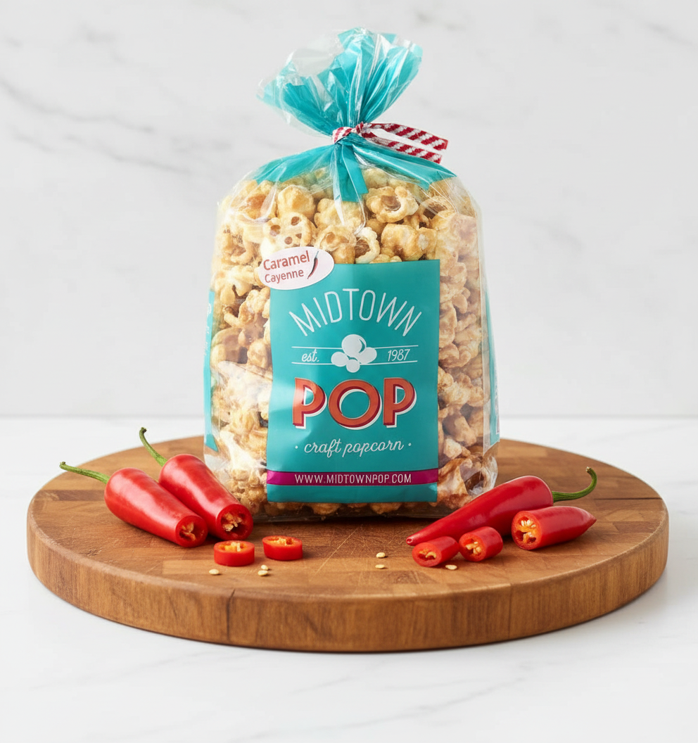 A bag filled with popcorn Midtown POP craft popcorn Caramel Cayenne 