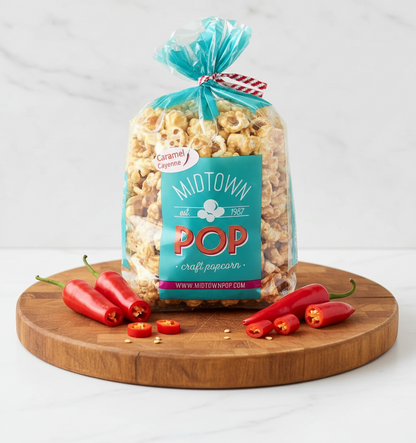 A bag filled with popcorn Midtown POP craft popcorn Caramel Cayenne 