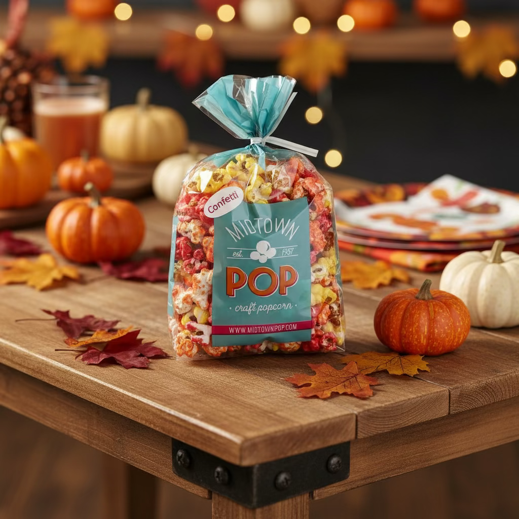 Bag of colorful popcorn on a wooden table with thanksgiving and autumn