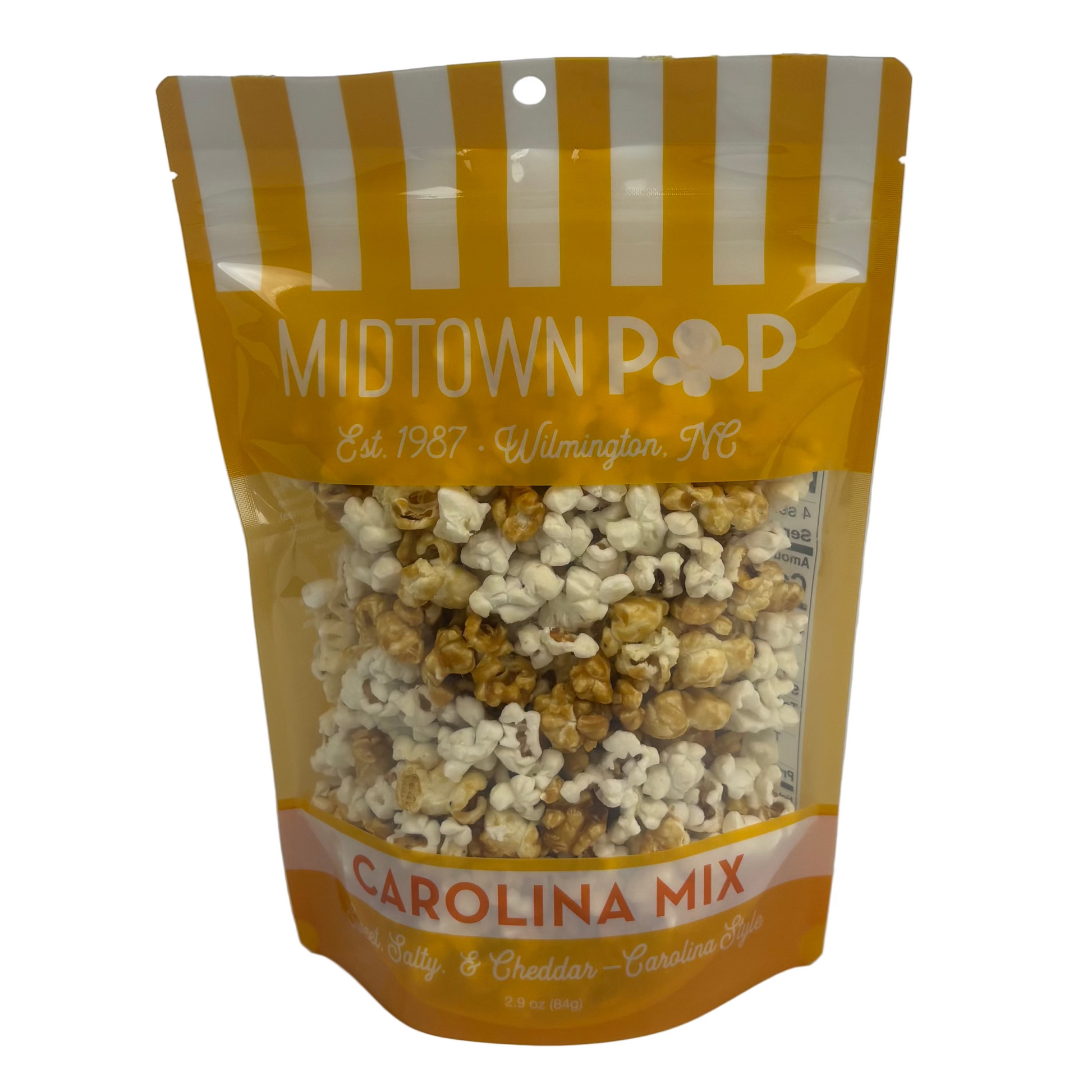 Bag of Midtown Pop Carolina Mix popcorn with yellow and white striped design.