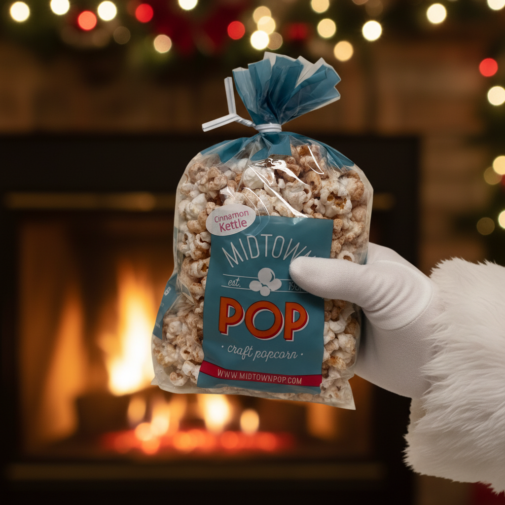 Santa holding a bag of Midtown Pop Cinnamon Kettle Corn popcorn in front of a fireplace with Christmas lights.