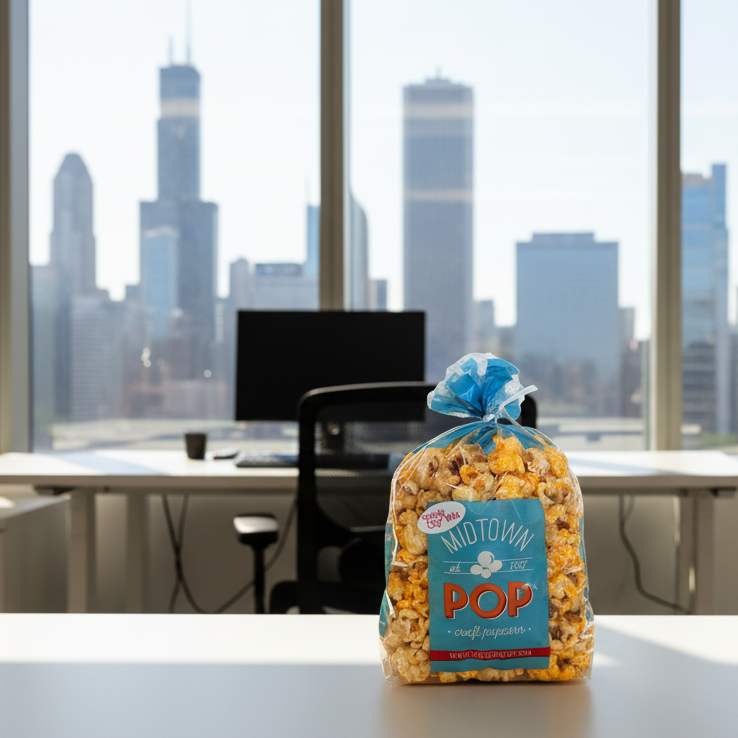 Bag of popcorn on a desk with a chicago skyline view