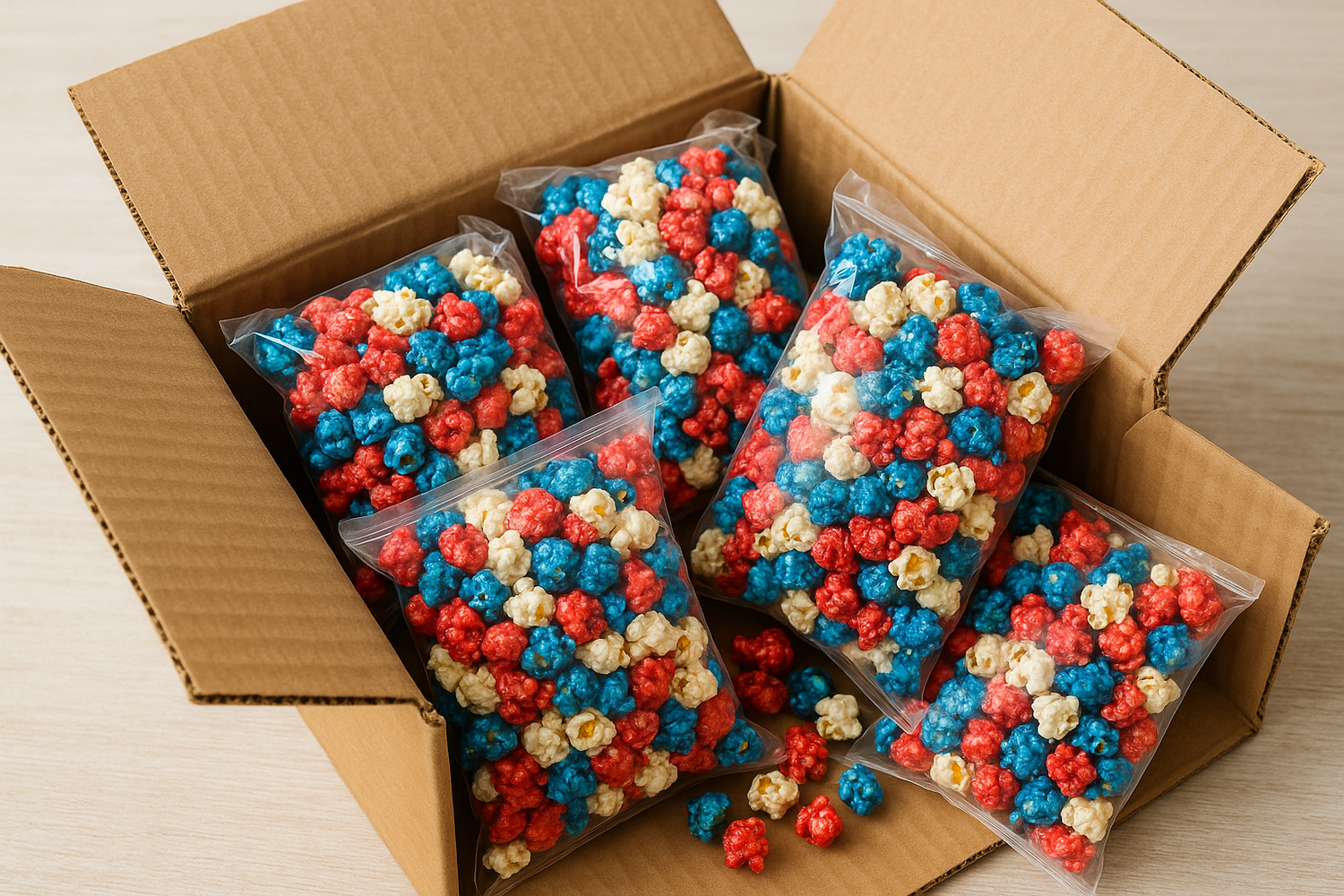 A cardboard box full of bags that are filled with red white and blue popcorn