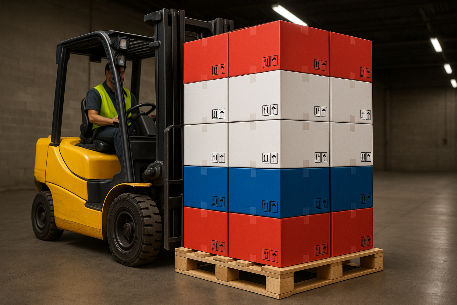 A pallet being lifted by a fork lift that is stacked with Red White and Blue Boxes