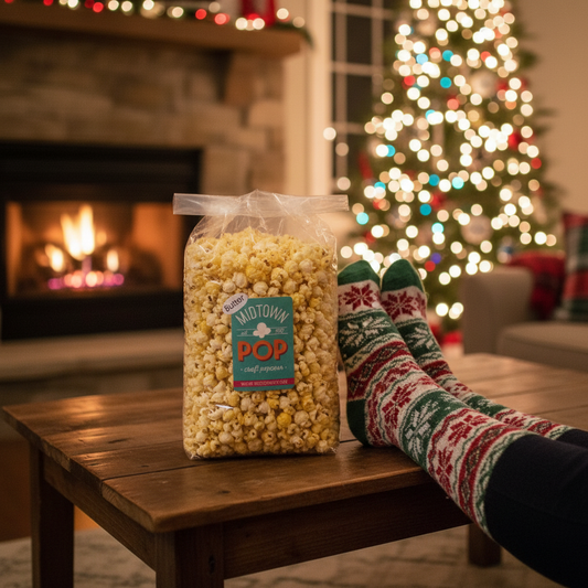 Bag of Butter popcorn with 'Midtown Pop' branding on a wooden table in a cozy living room with a Christmas tree and fireplace.