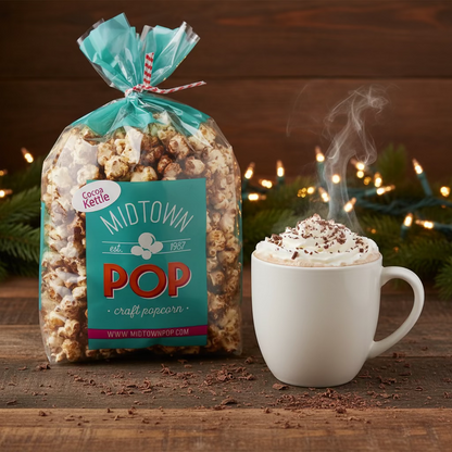 Bag of Midtown Pop popcorn with a steaming cup of hot chocolate on a wooden surface.