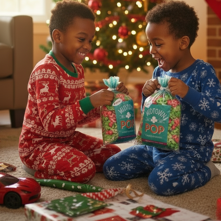 Two children in pajamas opening Christmas popcorn in a living room with a decorated tree and fireplace.