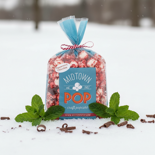 peppermint chocolate popcorn in the snow