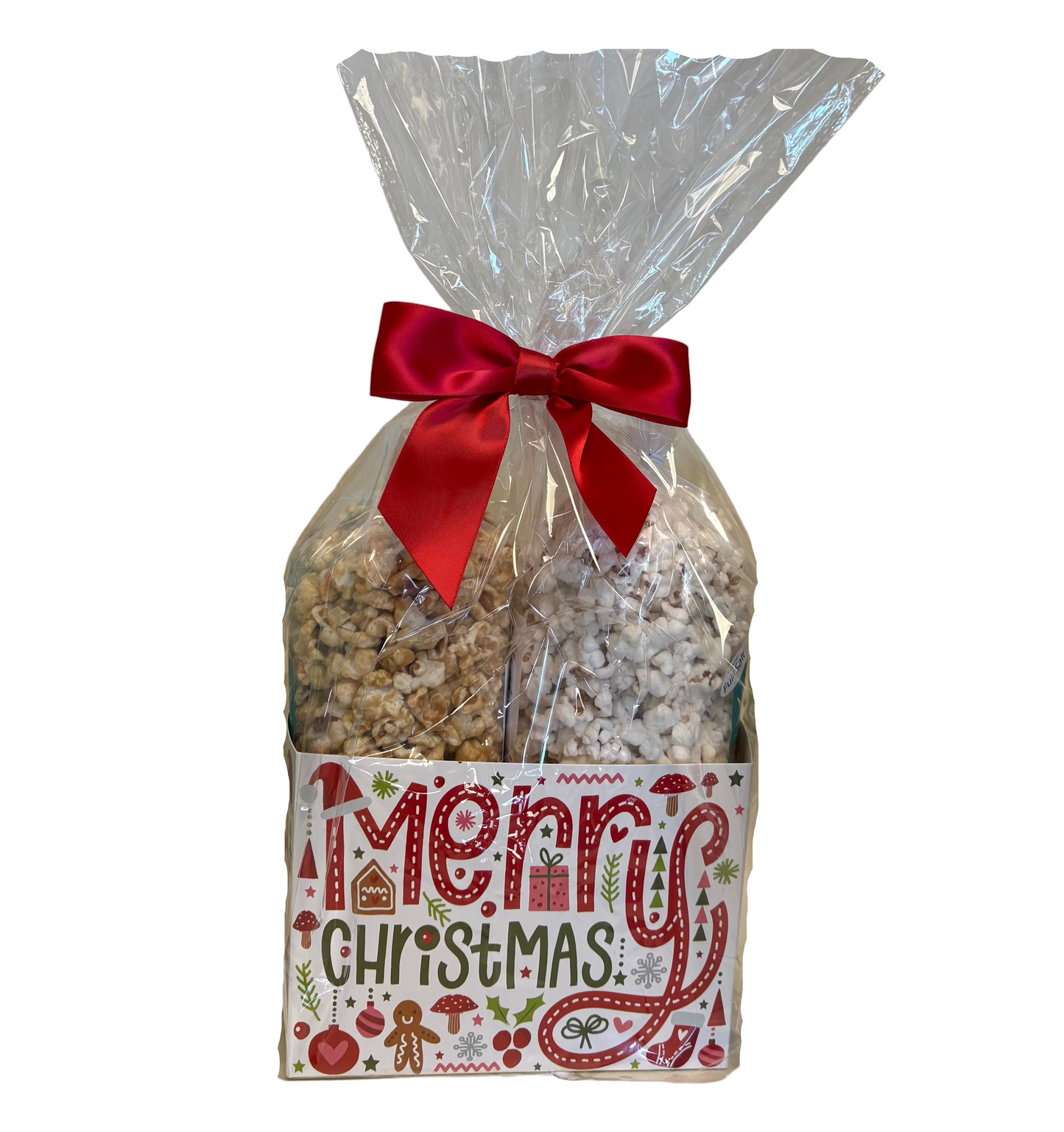 Gift bag with  Popcorn a red ribbon and 'Merry Christmas' label on a white background